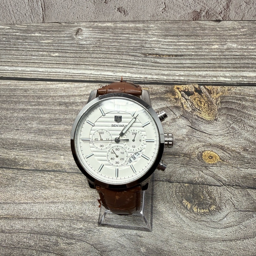 Benyar Chronograph Mens Watch 44mm White Dial Brown Leather Date